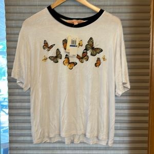 NWT rebellious one white short sleeve shirt with butterflies.